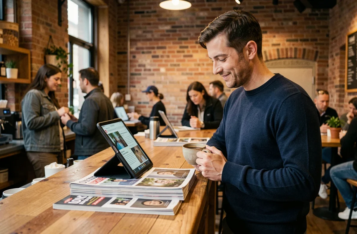Homme lisant le magazine en ligne 11lemagazine.fr sur une tablette dans un café urbain