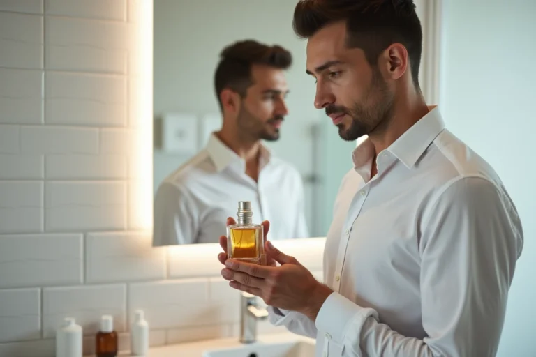Homme élégant tenant un flacon de parfum abordable dans une salle de bain moderne et minimaliste
