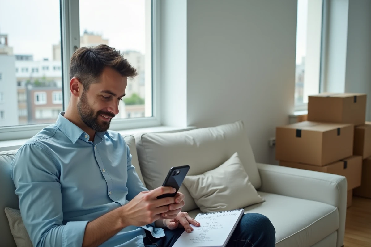 Jeune homme recherchant des petites annonces immobilières sur smartphone dans un appartement en cours de déménagement