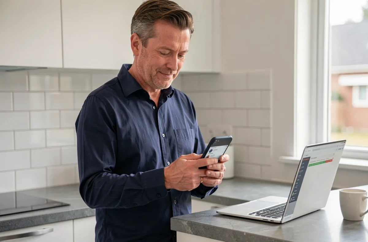 Homme recevant ses emails professionnels sur son smartphone synchronisé avec son ordinateur dans une cuisine moderne