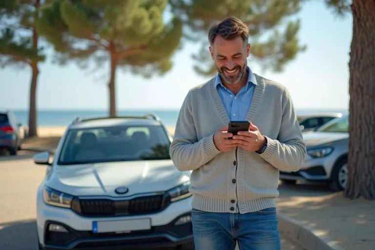 Homme souriant avec smartphone près de voiture à Arcachon