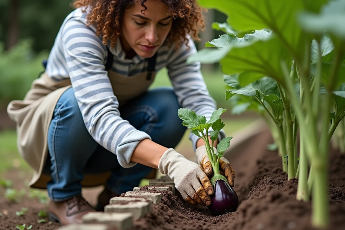 Jardinière plantant des betteraves à côté d'aubergines dans un potager organisé en rangées