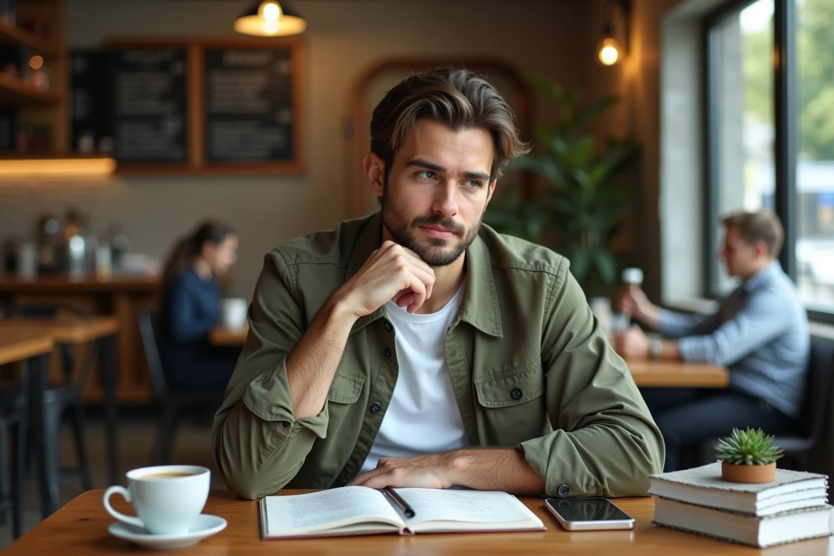 Jeune entrepreneur prenant des notes dans un café pour planifier la création et la croissance de son entreprise en 2024