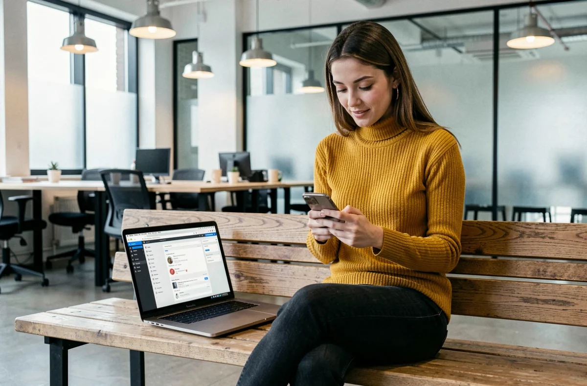 Jeune femme lisant ses emails sur son téléphone et son ordinateur dans un espace de coworking contemporain