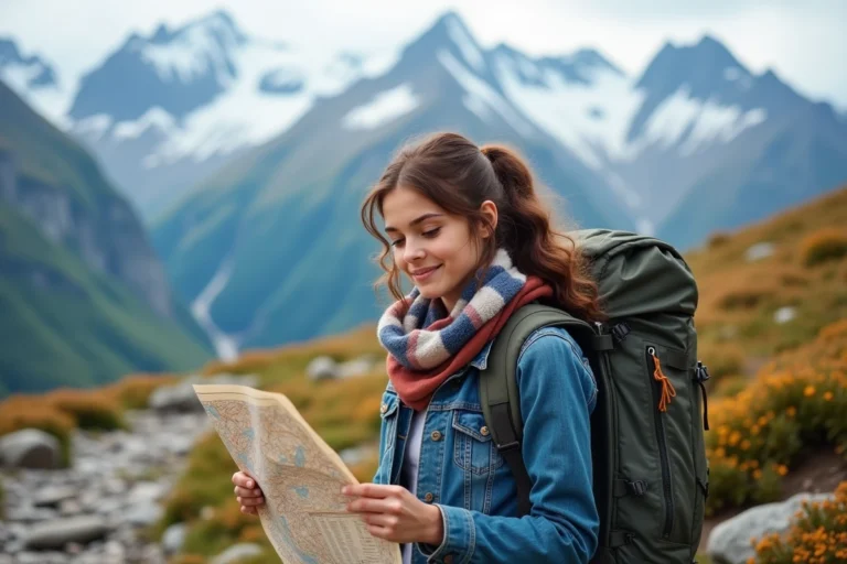 Jeune femme en randonnée montagne avec carte et sac à dos