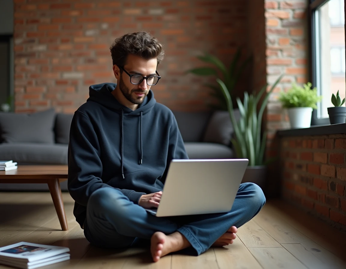 Jeune homme lisant les dernières nouvelles numériques sur son ordinateur portable dans un appartement urbain