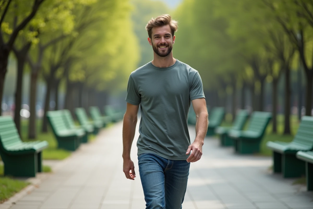 Jeune homme en t-shirt performance dans un parc urbain