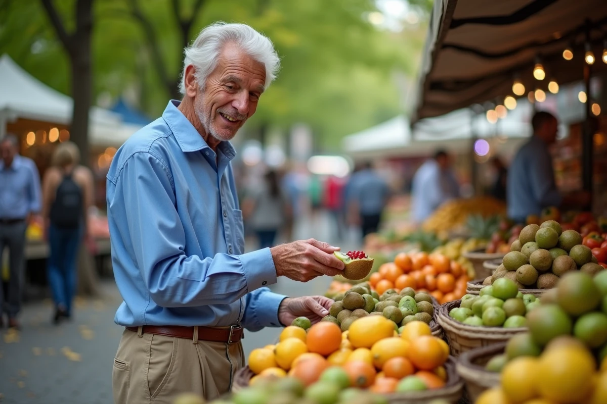 Homme âgé présentant des kiwis au marché en plein air