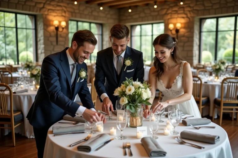 Groupe de personnes élégantes lors d'une réception de mariage
