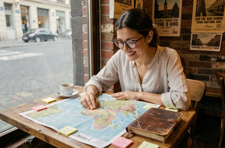 Femme planifiant un voyage du monde dans un café parisien avec une carte et un carnet de voyage