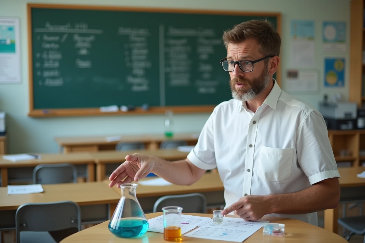 Homme expliquant la conversion de volume en laboratoire
