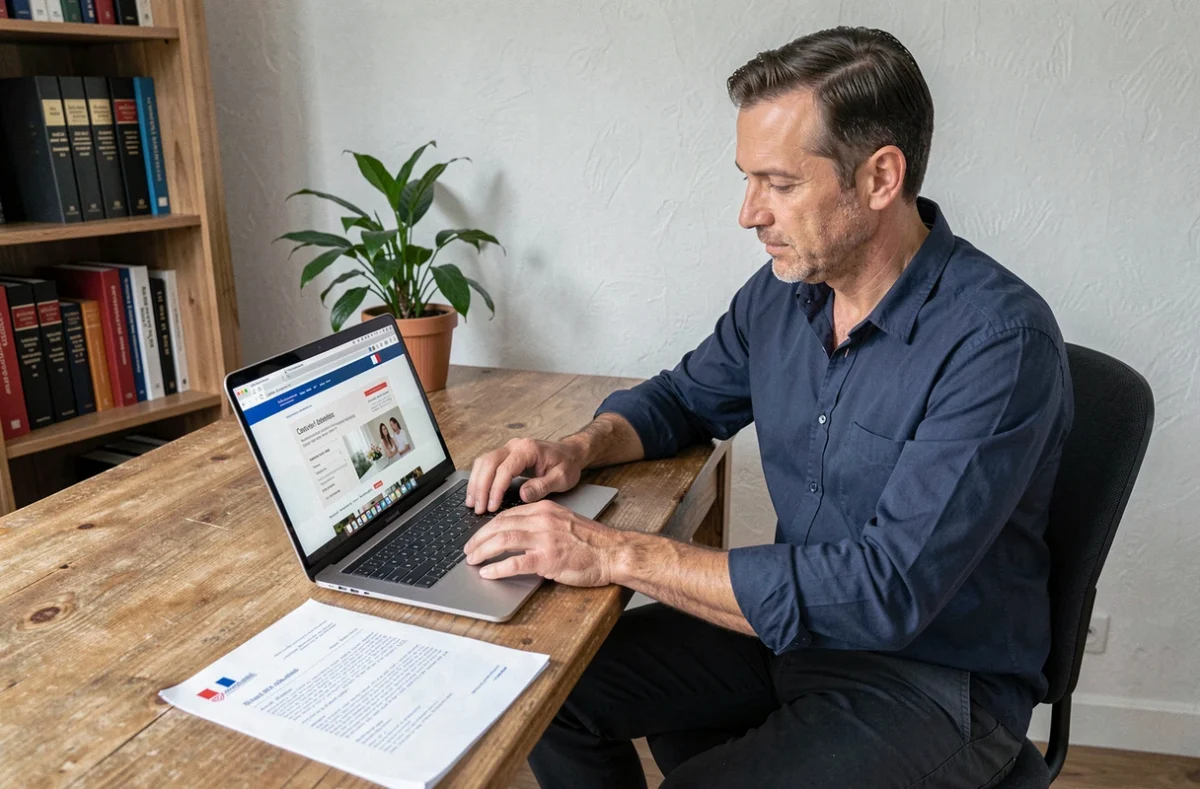 Homme recherchant des bans de mariage en ligne sur un ordinateur portable