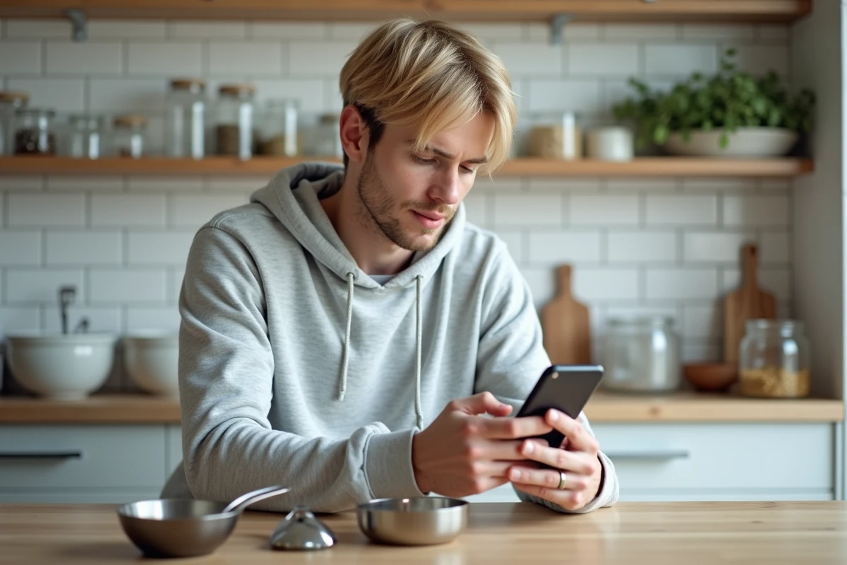 Personne recherchant des magasins d'ustensiles de cuisine sur smartphone dans une cuisine moderne