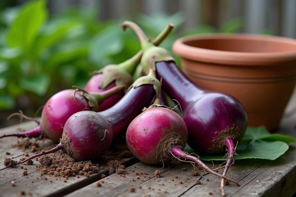 Récolte d'aubergines et de betteraves fraîches posées sur une table en bois rustique dans le jardin