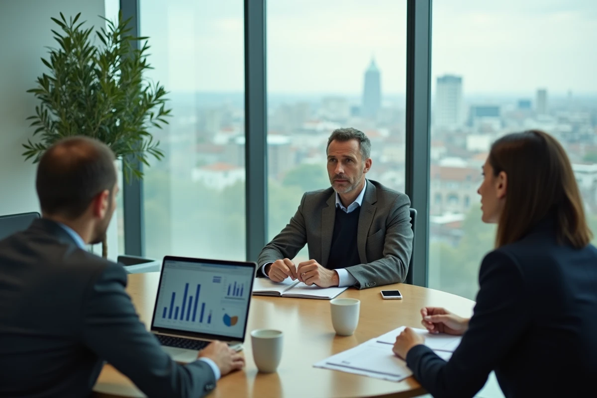 Équipe de dirigeants analysant des projections financières lors d'une réunion stratégique pour le développement de leur entreprise
