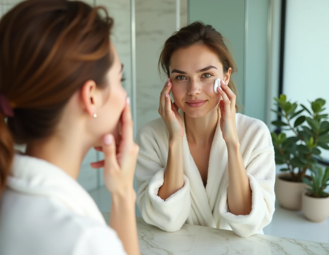Femme aux cheveux ondulés appliquant une crème hydratante devant un miroir de salle de bain moderne pour révéler sa beauté naturelle