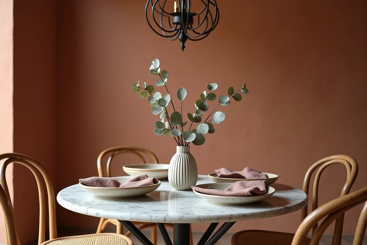 Table de salle à manger ronde en marbre avec vaisselle artisanale en céramique, serviettes en lin rose poudré et centre de table en eucalyptus séché dans un vase en verre côtelé
