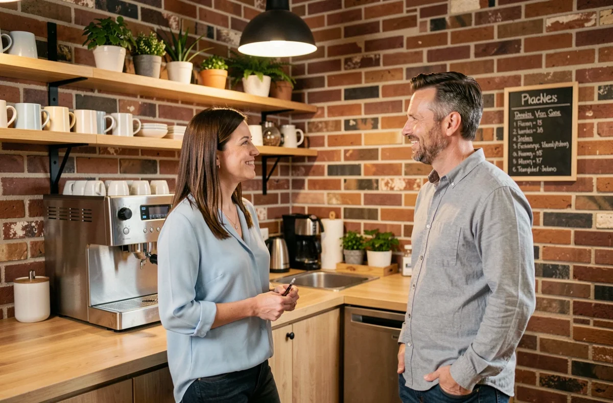 Salle de pause moderne avec coin café en bois, étagères ouvertes et deux collègues discutant dans une ambiance conviviale