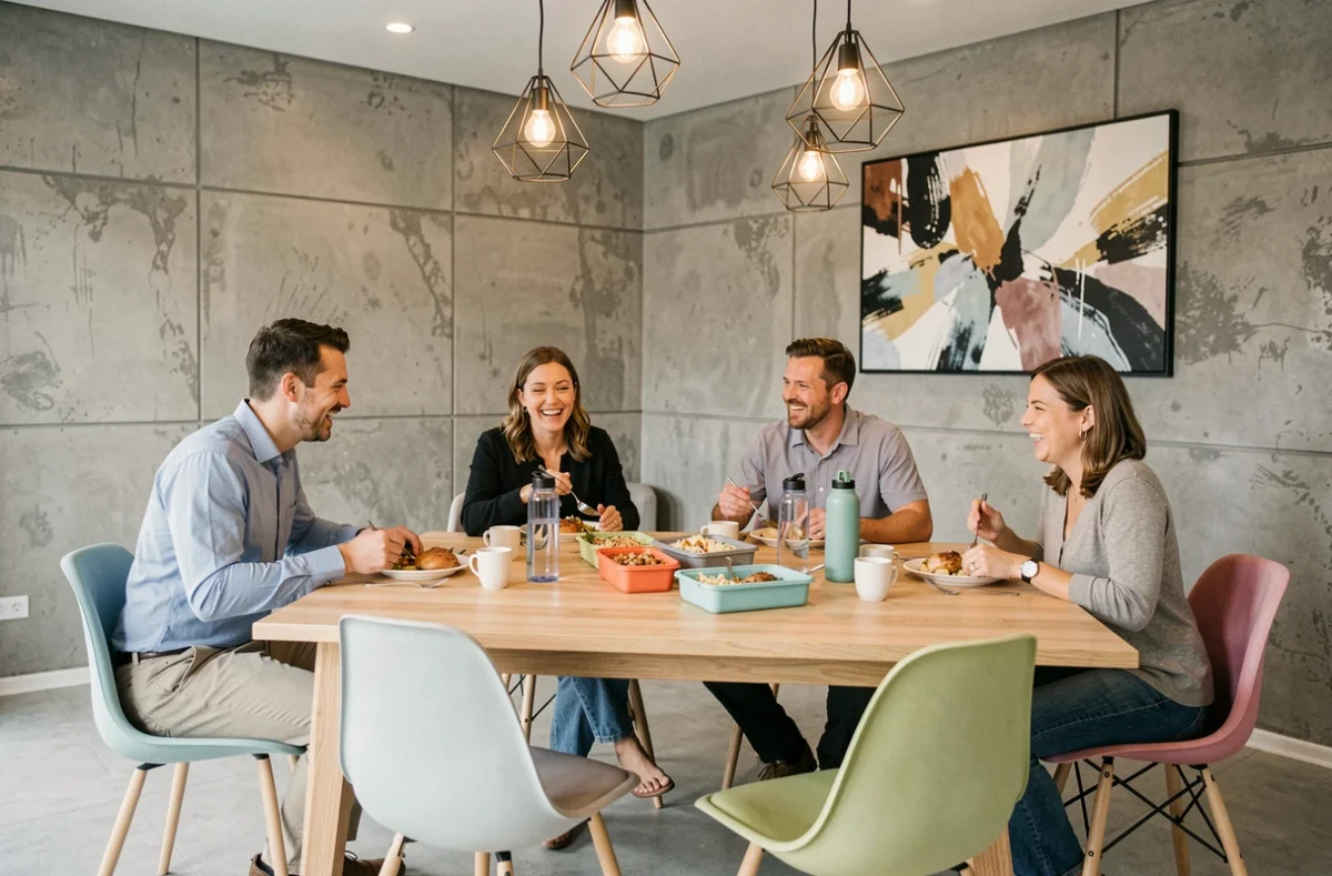 Salle de déjeuner de bureau avec table commune en chêne, chaises colorées et collègues partageant un repas ensemble