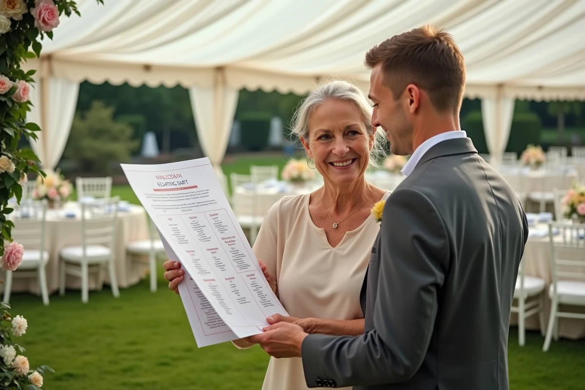 Une femme et un jeune homme consultent un plan de table extérieur