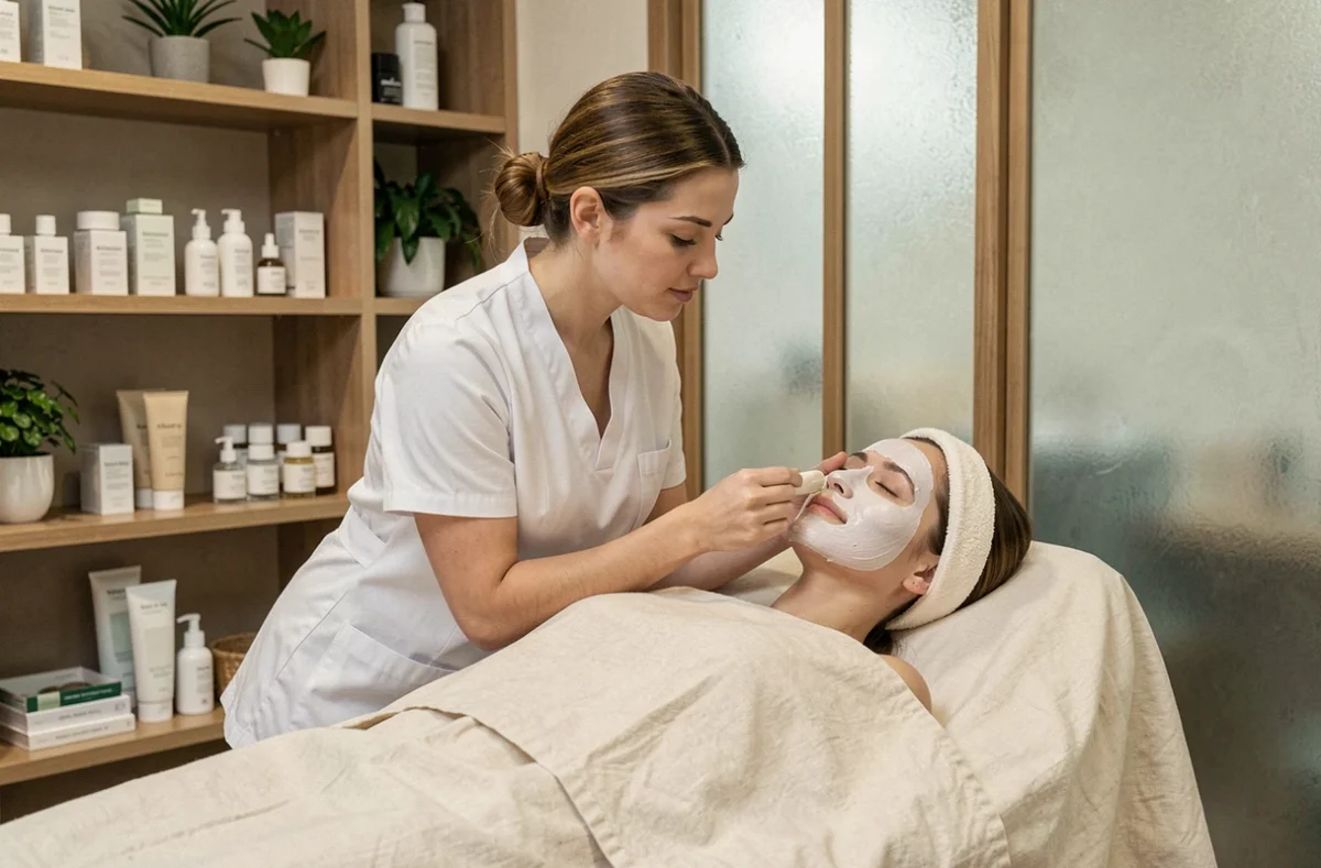 Esthéticienne professionnelle appliquant un soin du visage à une cliente dans un institut de beauté moderne et apaisant
