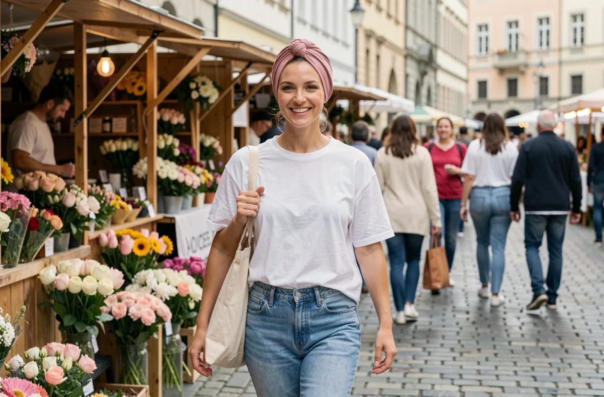 Jeune femme en turban rose jersey noué se promenant dans un marché en plein air, look décontracté et moderne