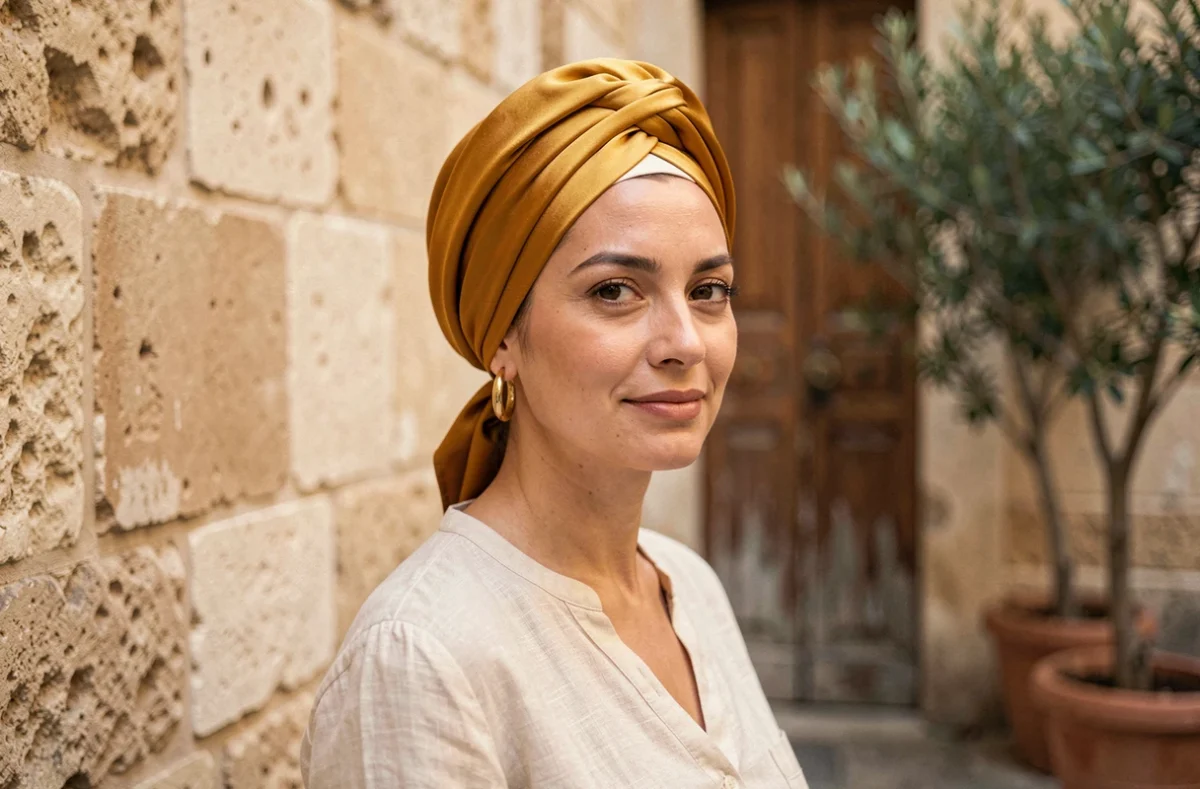 Femme portant un turban en soie moutarde élégamment noué, tenue casual chic dans une cour parisienne ensoleillée