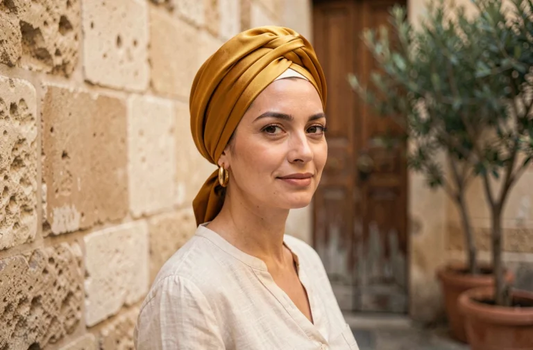 Femme portant un turban en soie moutarde élégamment noué, tenue casual chic dans une cour parisienne ensoleillée