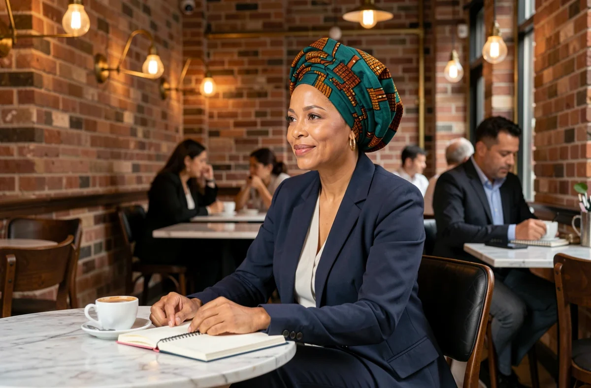 Femme élégante en turban wax coloré teal et orange dans un café urbain branché, style professionnel tendance