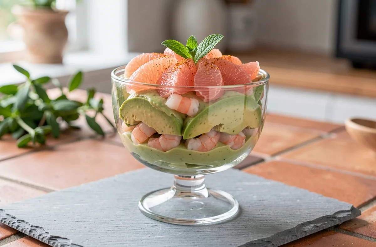 Verrine avocat-crevettes au pamplemousse rose avec garniture de menthe et paprika