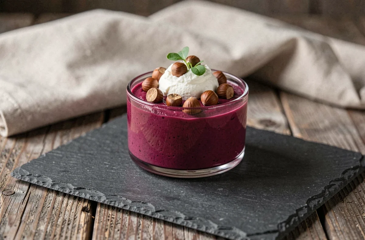 Verrine de crème de betterave avec chèvre frais et noisettes torréfiées sur ardoise
