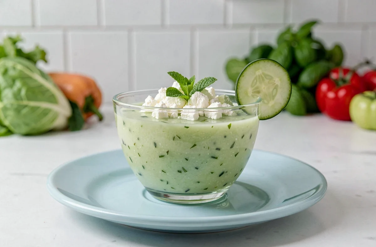 Verrine de gaspacho de concombre à la menthe fraîche avec feta émiettée
