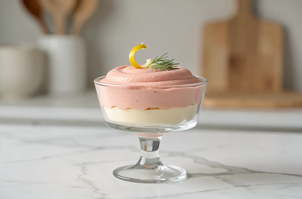 Verrine de mousse de saumon fumé au citron et fromage frais, garnie de zeste de citron et d'aneth frais