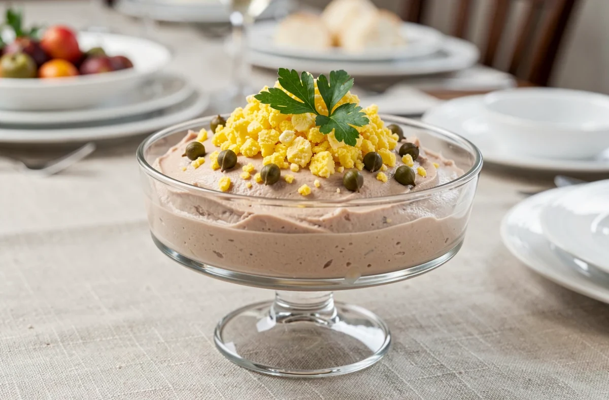 Verrine de mousse de thon aux câpres et œufs mimosa émiettés avec persil frais