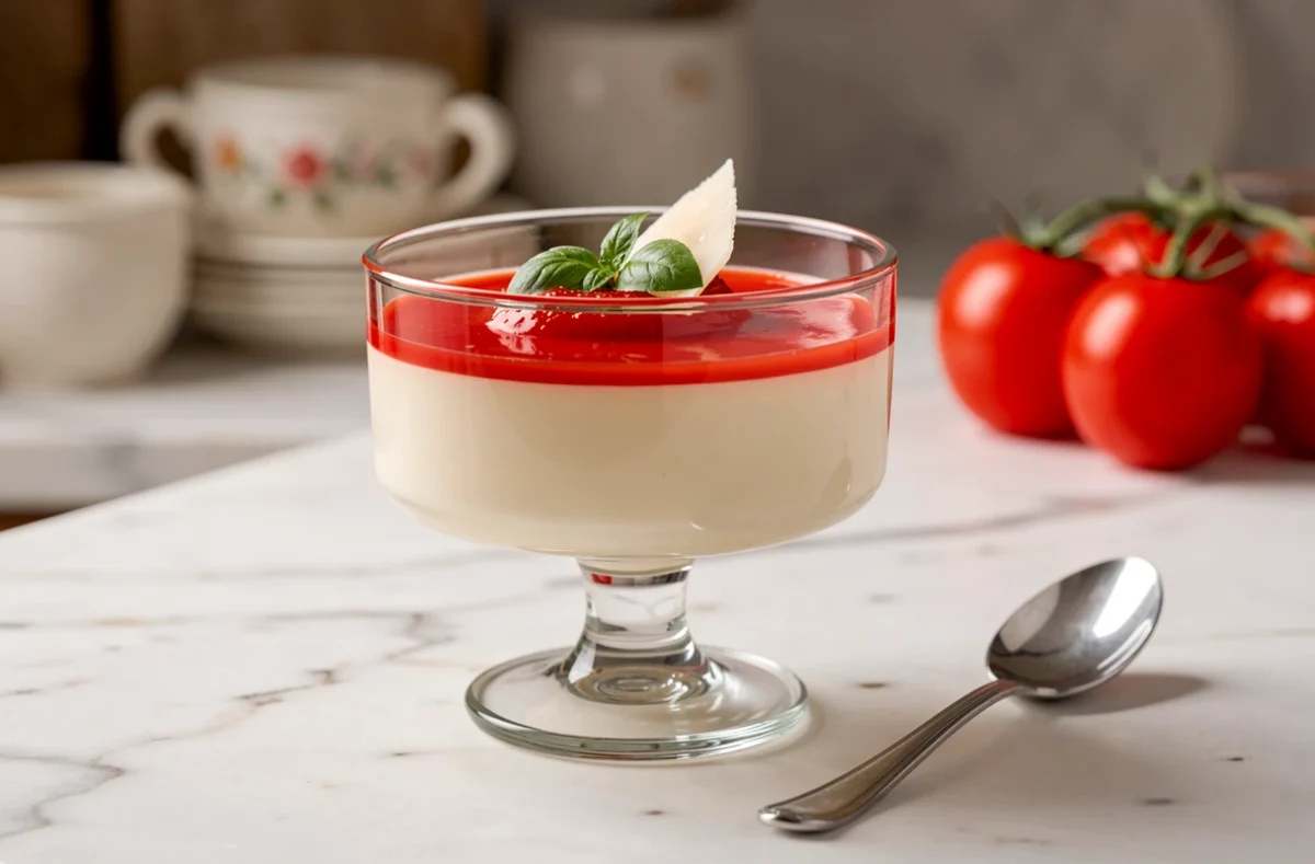 Panna cotta salée au parmesan avec coulis de tomate rouge brillant et feuille de basilic