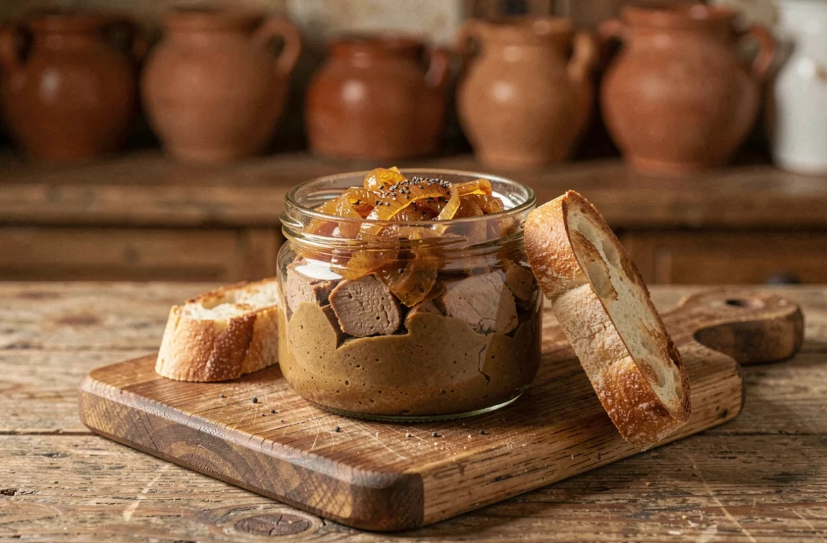 Verrine de rillettes de canard au confit d'oignon caramélisé et poivre noir sur planche en bois