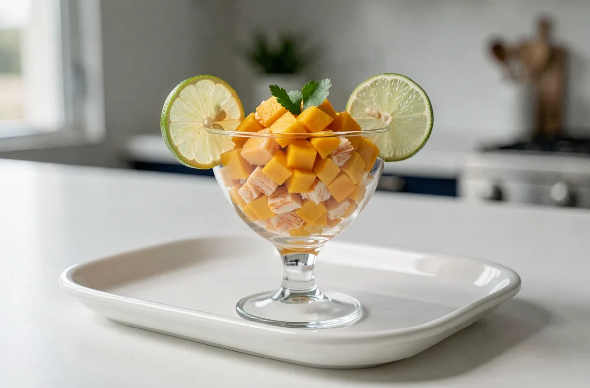 Verrine de tartare de crabe à la mangue fraîche et feuilles de coriandre
