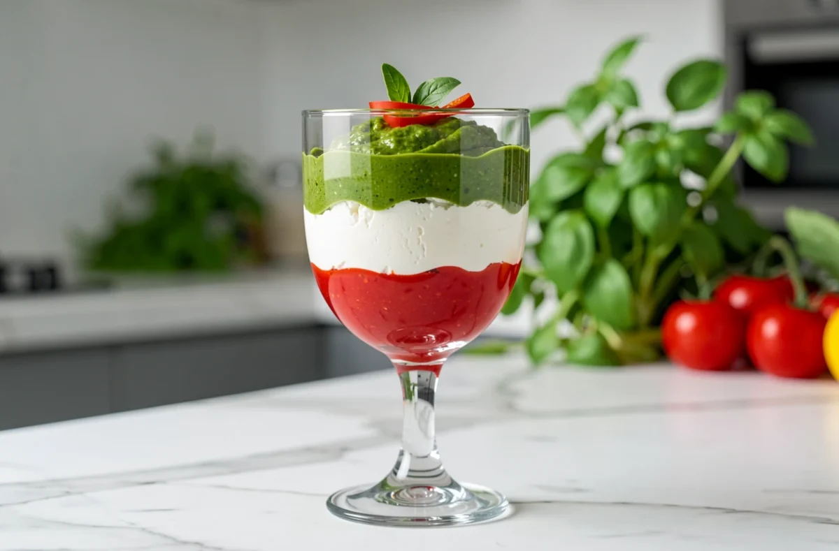 Verrine tricolore aux couches de poivron rouge, ricotta crémeuse et purée de basilic vert