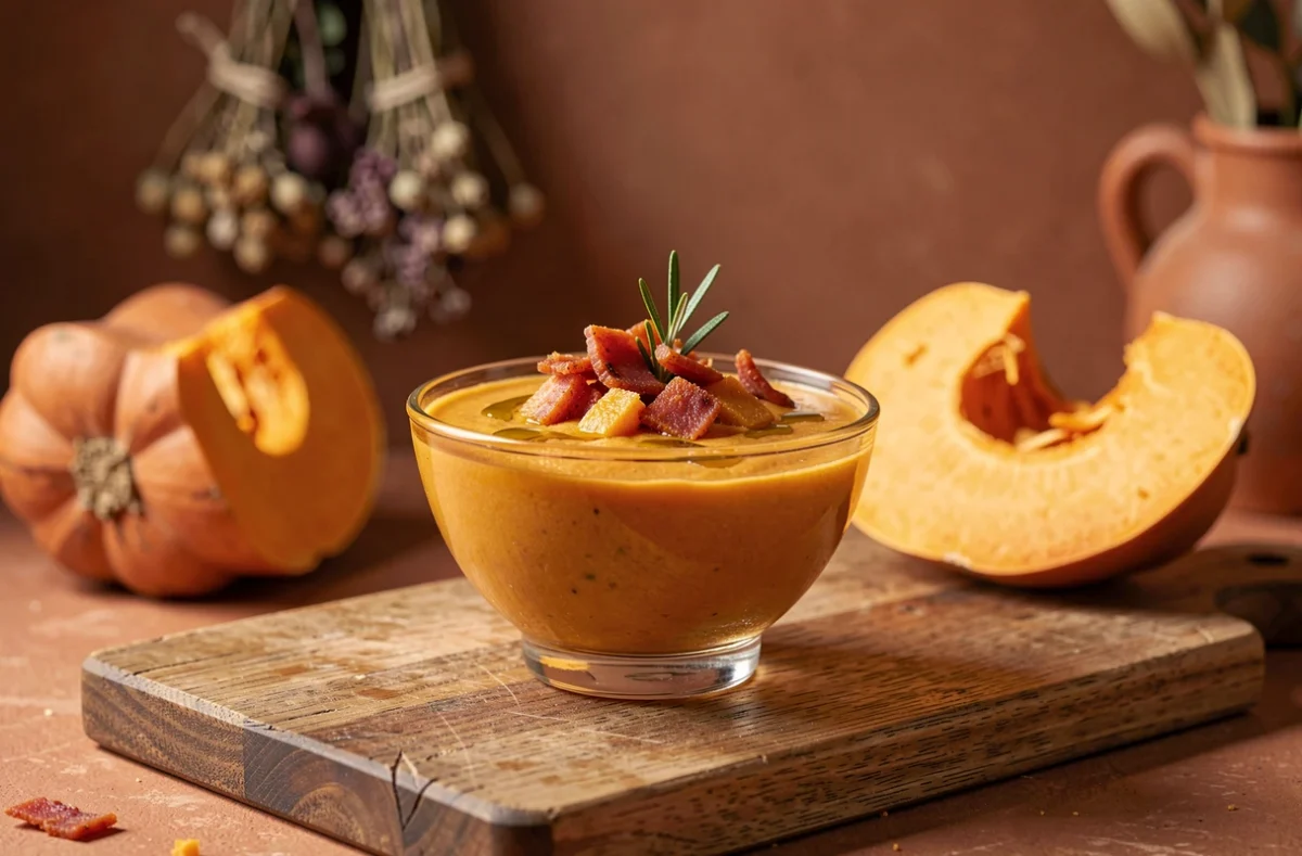 Verrine de velouté glacé de potimarron orange surmonté de chorizo émietté et romarin