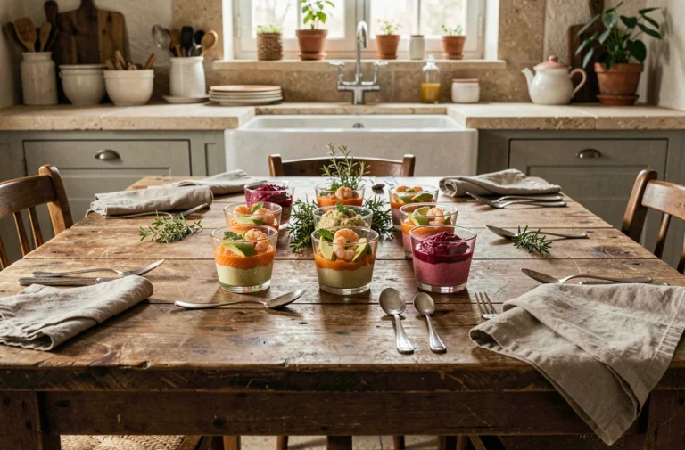 Assortiment de verrines salées colorées présentées sur une table rustique en bois pour recevoir des invités