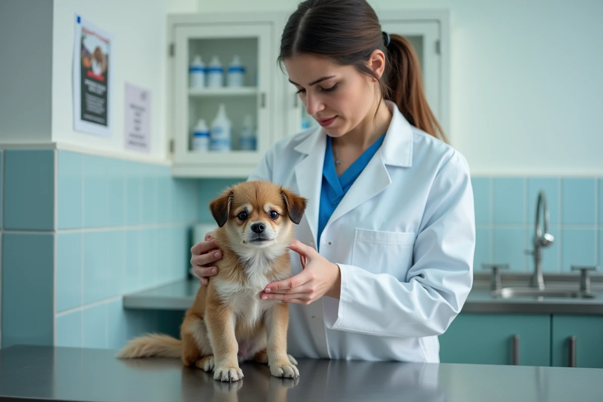 Vétérinaire examinant un chien issu d'un élevage suspect dans le cadre d'un signalement pour maltraitance animale