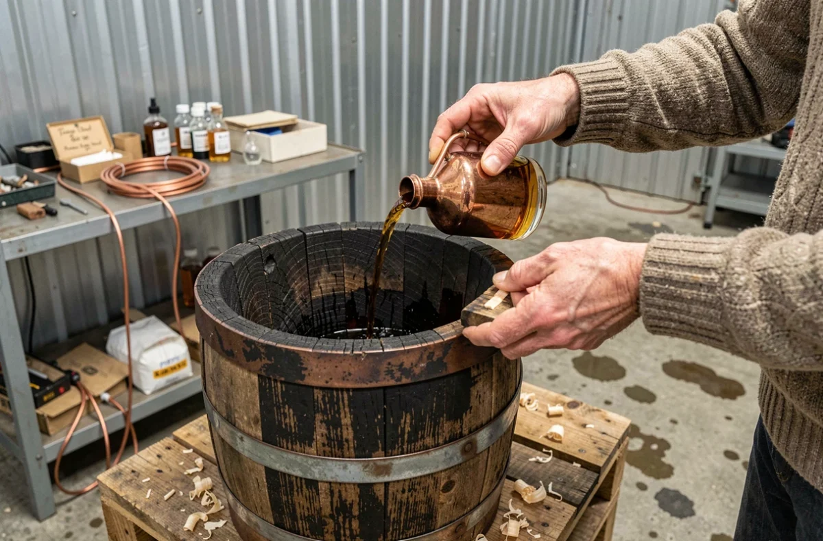 Mains versant du whisky distillé maison dans un fût de chêne brûlé dans un atelier de distillation amateur