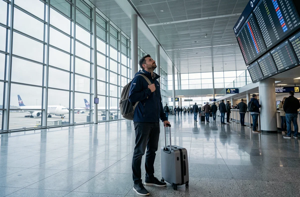Voyageur en partance dans un aéroport international regardant le tableau des départs